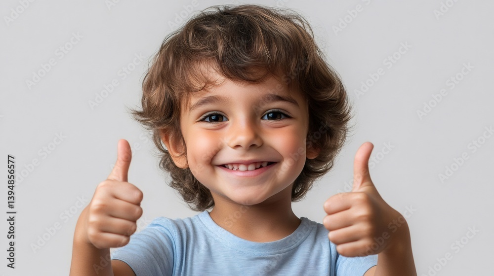 Happy child gesturing thumbs up sign showing approval on white background Happy child gesturing thumbs up sign showing approval on white background