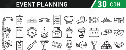 Events and Planning icon set. Includes balloon, confetti, party hat, gift, event ticket, decoration, and more. Editable stroke. Vector illustration