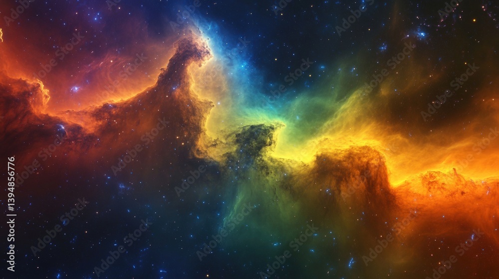 A mesmerizing view of the vast cosmos, showcasing a vibrant nebula painted with fiery hues of orange, gold, and blue, sparking awe and wonder. A mesmerizing view of the vast cosmos, showcasing a vibrant nebula painted with fiery hues of orange, gold, and blue, sparking awe and wonder.