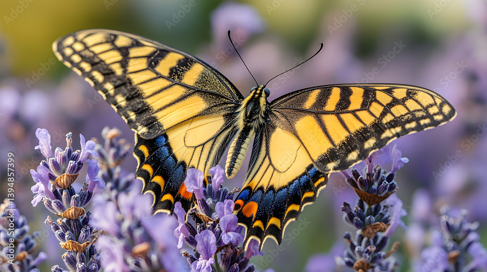 Close-up photography of a butterfly perched delicately on a lavender flower, its colorful wing patterns illuminated by soft, natural light.