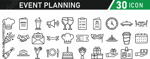 Events and Planning icon set. Includes balloon, confetti, party hat, gift, event ticket, decoration, and more. Editable stroke. Vector illustration