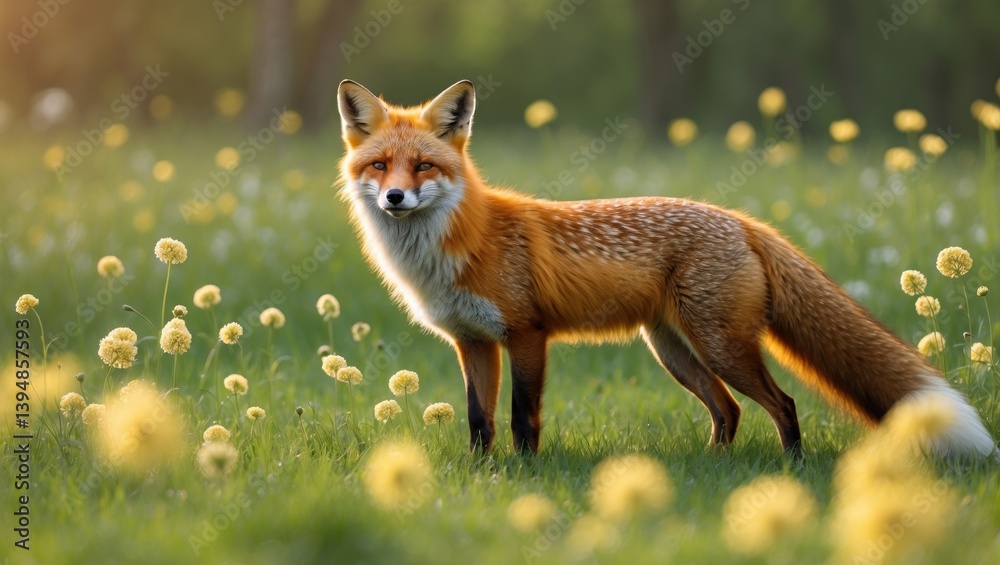 Fototapeta premium Reddish Fox in a Greenery Scene Accented by Yellow Floral Elements