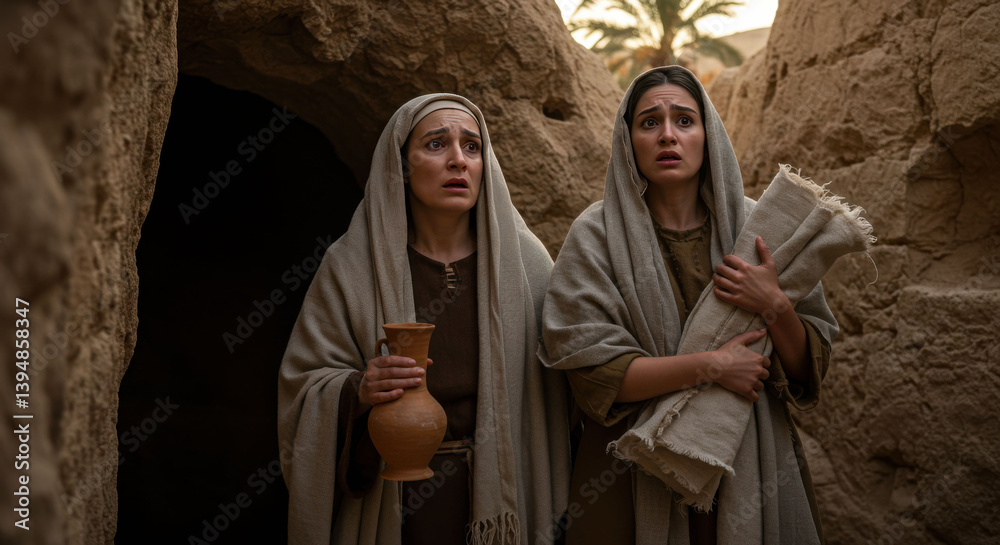Obraz premium Women at Jesus Tomb Surprised. Biblical easter story scene of two women finding empty tomb. Religious easter history background resource for easter card and poster.