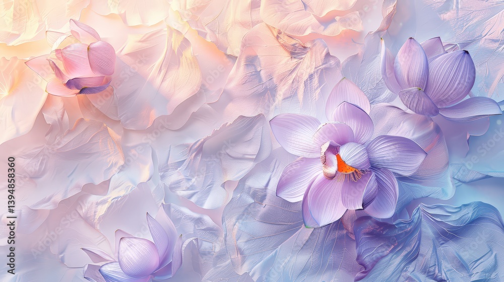 Fototapeta An ethereal composition of delicate lotus flowers in soft pastel hues, capturing the serene beauty and tranquility of nature's artistry.