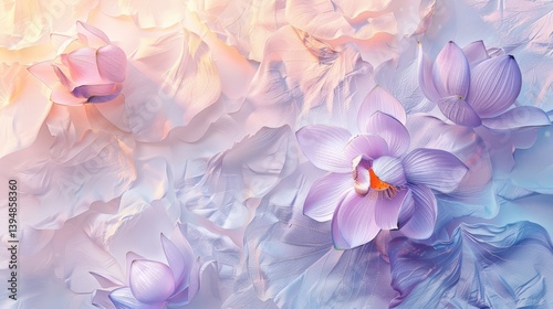 An ethereal composition of delicate lotus flowers in soft pastel hues, capturing the serene beauty and tranquility of nature's artistry.