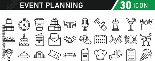 Events and Planning icon set. Includes balloon, confetti, party hat, gift, event ticket, decoration, and more. Editable stroke. Vector illustration