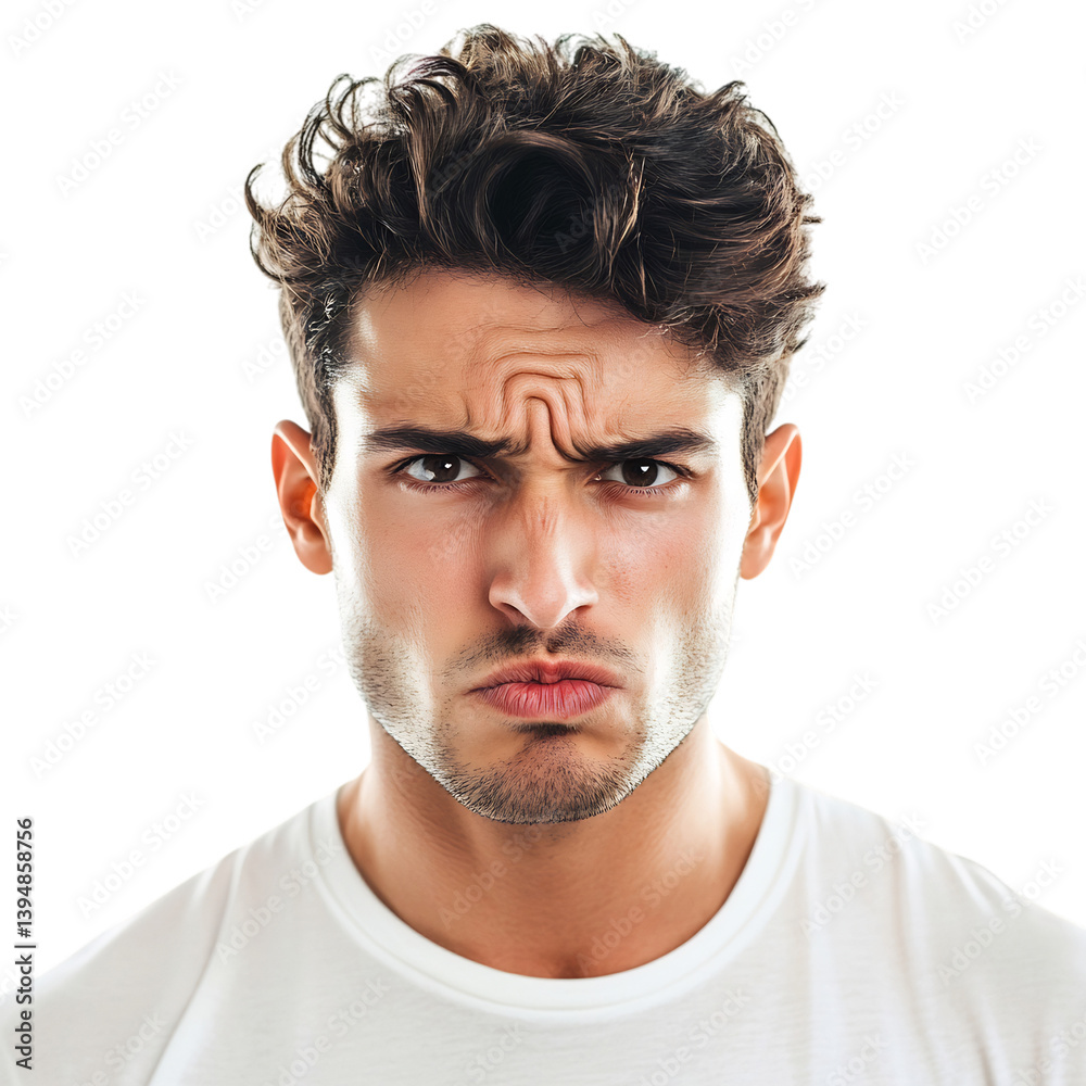Obraz premium Man with Disapproving Expression and Pressed Lips Isolated on Transparent Background