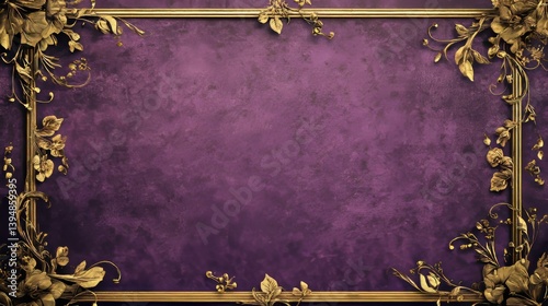 Vintage purple floral wallpaper with ornate gold frame featuring delicate blooming flowers in classic baroque style