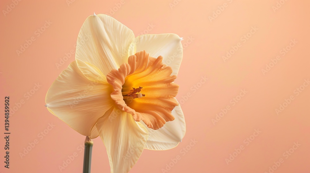 Obraz premium A beautiful daffodil in full bloom against a soft peach background. The delicate petals of the flower are a creamy white, with a bright yellow center.