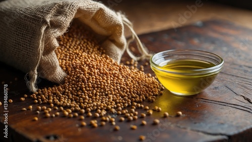 A linen bag containing grain mustard and a glass bowl of mustard oil, applied in dietary health, cosmetics, and herbal medicine, providing essential vitamins and polyunsaturated fatty acids.