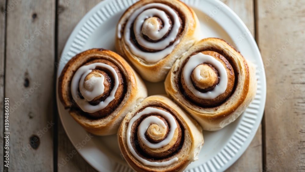 Fototapeta premium Cinnamon buns displayed on a plate on a wooden tabletop