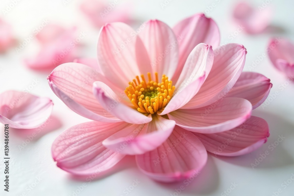 Delicate petals unfurl on pristine white surface, soft focus, floral, abstract Delicate petals unfurl on pristine white surface, soft focus, floral, abstract