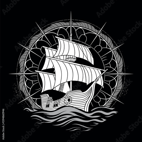 Drakkar viking on the waves with a sail vector illustration 
