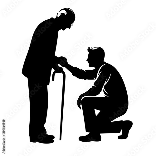 Young man helping elderly man with cane silhouette