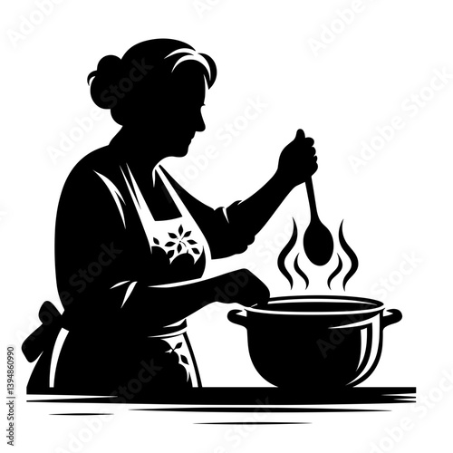 Elderly woman cooking soup in pot silhouette