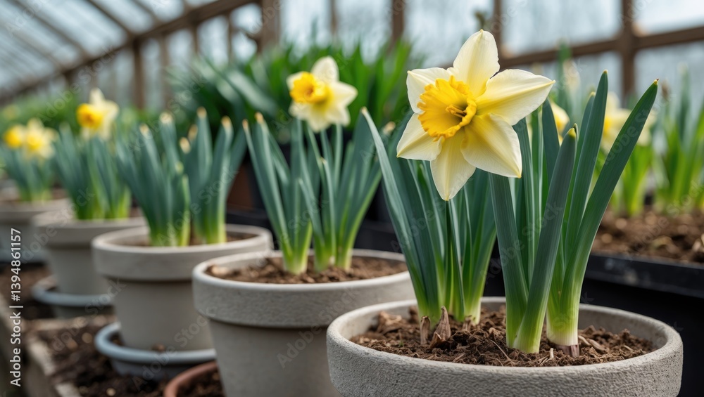 In flowerpots, daffodils emerge from bulbs. Horizontal. Close-up. In flowerpots, daffodils emerge from bulbs. Horizontal. Close-up.