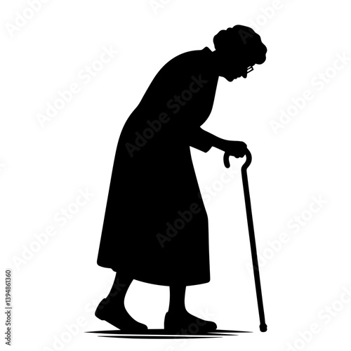 Elderly woman walking with cane silhouette