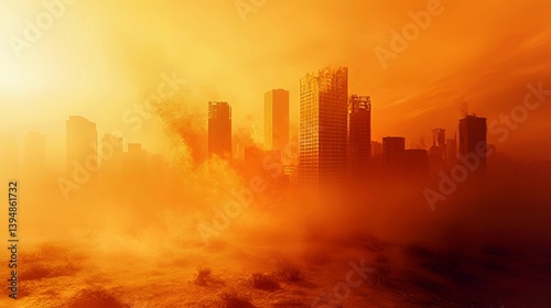 Futuristic city skyline enveloped in orange haze at sunset.