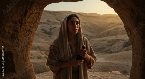 Woman in a cave with an oil bottle at sunrise contemplating faith in biblical times, easter resurrection scene with copy space at the sepulcher photo