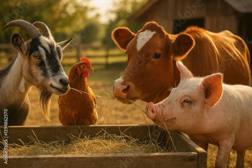 Fototapeta Naklejka Na Ścianę i Meble -  Farm animals enjoying together.