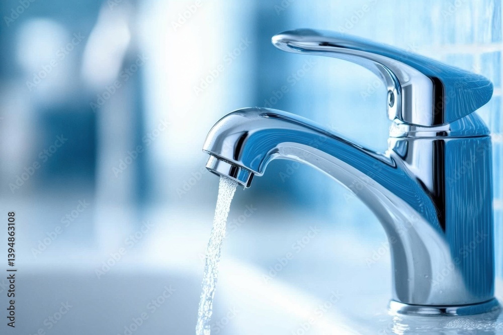 Gleaming chrome faucet dispenses fresh water in a modern bathroom setting with cool blue tones and blurred background creating a serene and clean atmosphere Gleaming chrome faucet dispenses fresh water in a modern bathroom setting with cool blue tones and blurred background creating a serene and clean atmosphere