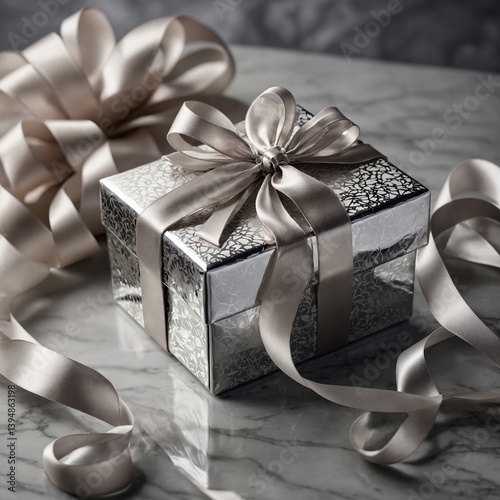 silver gift box with ribbon on white background