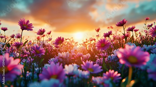 Vibrant sunset over a field of blooming pink daisies and soft wildflowers.