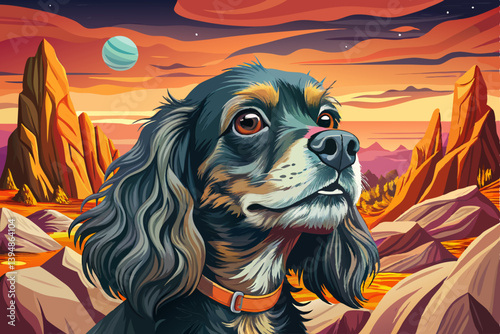 Cocker Spaniel Dog portrait on mysterious land under a strange colored sky, animal pet banner