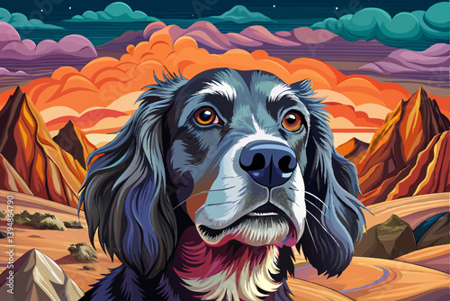 Cocker Spaniel Dog portrait on mysterious land under a strange colored sky, animal pet banner