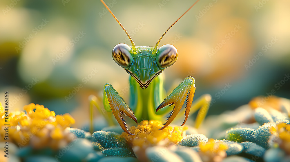 An awe-inspiring macro shot of a green praying mantis hiding among garden foliage, its spindly legs and sharp eyes radiating an alien-like beauty.