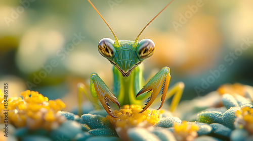 Obraz na płótnie An awe-inspiring macro shot of a green praying mantis hiding among garden foliage, its spindly legs and sharp eyes radiating an alien-like beauty. w salonie