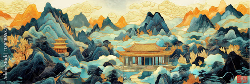 teal vector chinese mountains landscape with pavilions in style of embroidery craft illustration