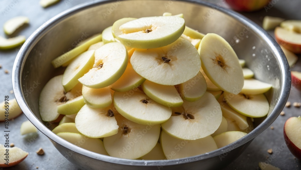 Close-up perspective of apple slices in a stainless bowl with salt water. Pie making in progress. Nearby remnants.
