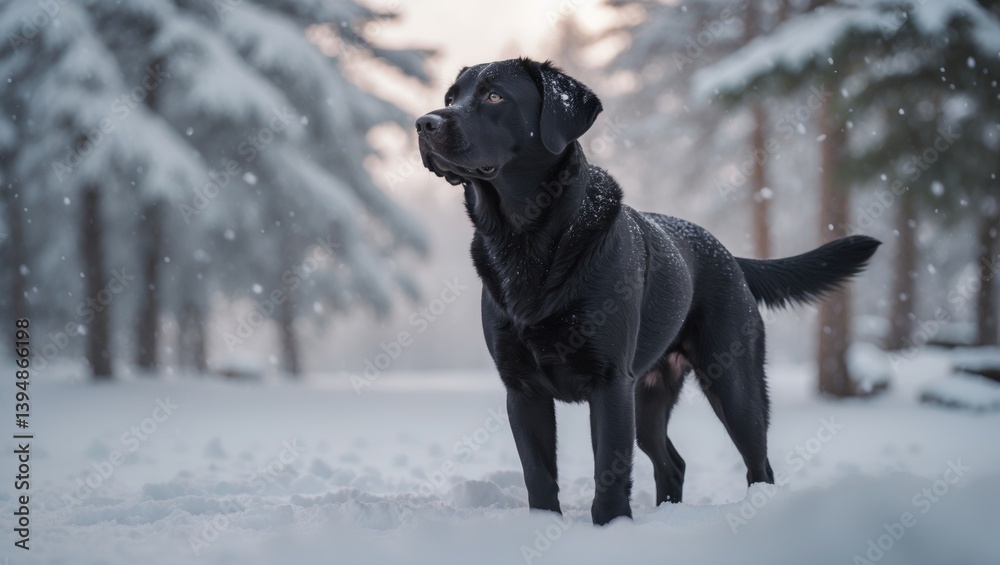 Furry Playtime in Chill Joyful Black Lab Enjoying Snowy Weather. Furry Playtime in Chill Joyful Black Lab Enjoying Snowy Weather.
