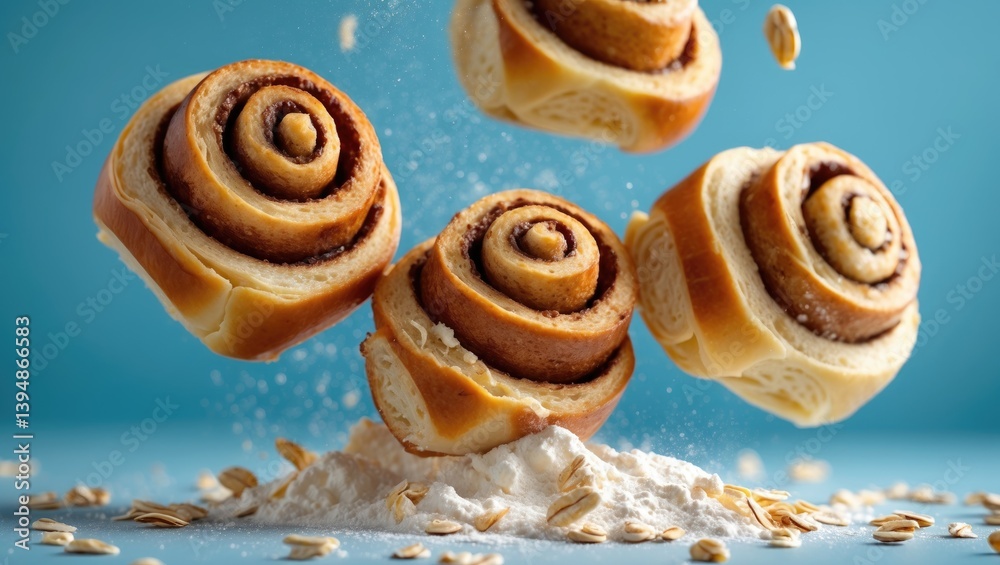 Fototapeta premium Cinnamon rolls with vanilla cream cascading on a blue surface