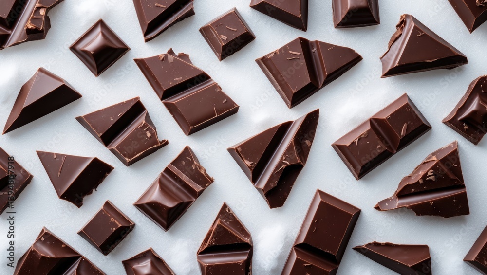 Fototapeta premium Shattered chocolates or fragmented chocolate chips or chocolate pieces viewed from above on a background