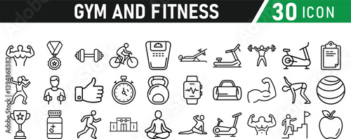 Gym and fitness 30 icon set. Healthy lifestyle, weight training, body care, and workout or exercise equipment are icons. Icons vector collection.
