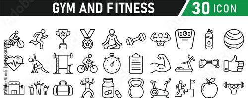 Gym and fitness 30 icon set. Healthy lifestyle, weight training, body care, and workout or exercise equipment are icons. Icons vector collection.