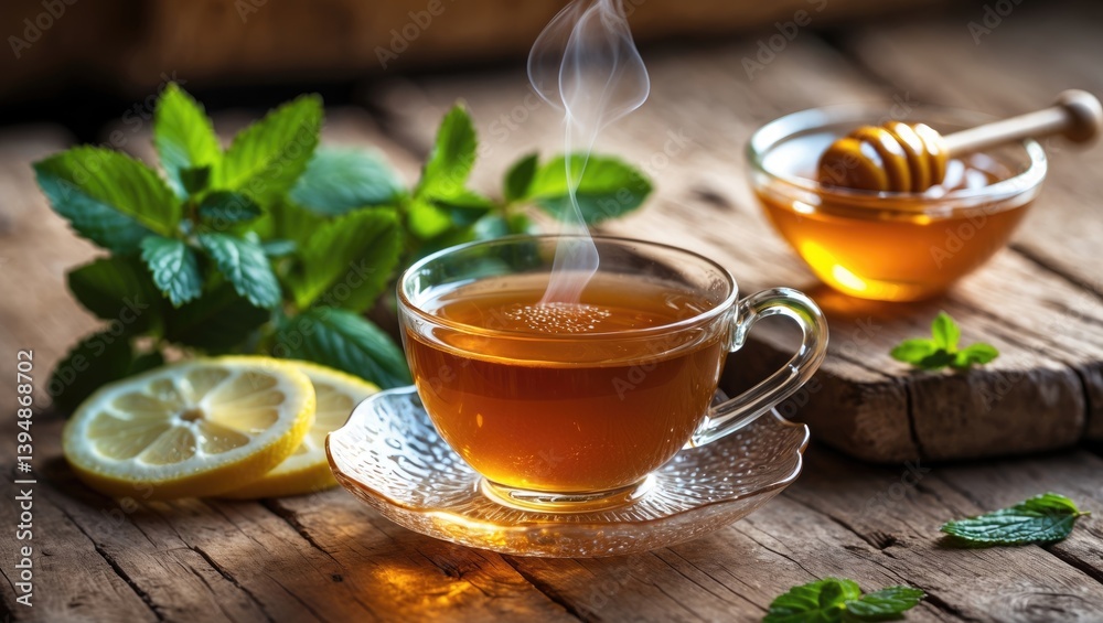 On a wooden table, there's a glass cup of tea accompanied by lemon, honey, and mint. On a wooden table, there's a glass cup of tea accompanied by lemon, honey, and mint.
