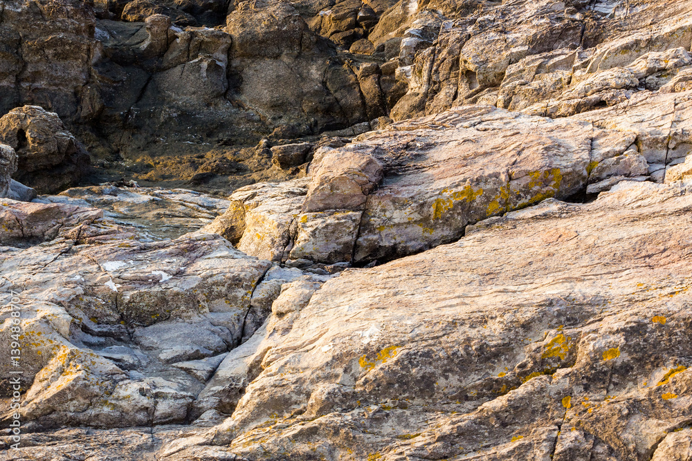 natural sea rock texture. outdoor background of sandstone surface in morning light. rustic seaside. closeup of rough stone on coast terrain