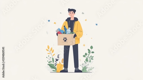 A Young Man Proudly Holding a Recycling Box Filled with Various Recyclable Materials