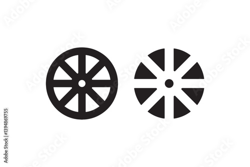 Wheel icons with spokes in outline and solid Vector