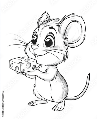 Mouse Eating Cheese, a simple black and white coloring page for kids with clean lines in a digital art style, no shading or colors, just bold outlines.