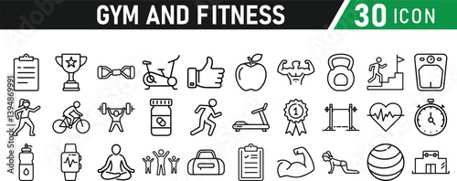 Gym and fitness 30 icon set. Healthy lifestyle, weight training, body care, and workout or exercise equipment are icons. Icons vector collection.