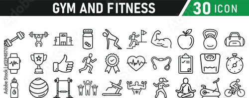 Gym and fitness 30 icon set. Healthy lifestyle, weight training, body care, and workout or exercise equipment are icons. Icons vector collection.