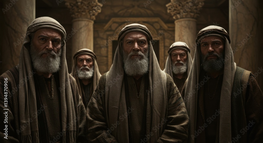 Fototapeta premium Council of jewish elders in temple. Holy men giving advice, debating religious questions and making decisions. Biblical times scene for religious books and articles.