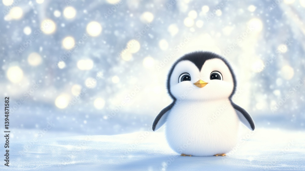 Obraz premium Cute cartoon penguin on snowy background with soft bokeh lights