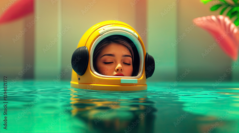 Submerged in a vibrant turquoise pool, a figure rests peacefully in a bright yellow helmet.