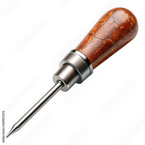 An exquisite wood-handled awl with intricate detailing, showcasing craftsmanship and elegance. Perfect for precise work in woodworking and leathercraft.