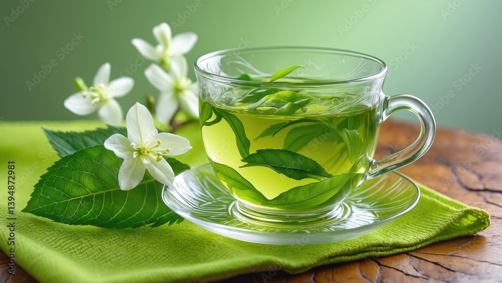 Wooden table featuring a cup of green tea with jasmine blossoms set against a green background Wooden table featuring a cup of green tea with jasmine blossoms set against a green background